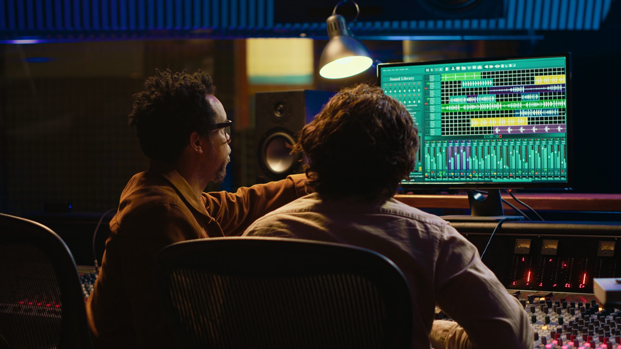 Team of Sound Engineers Working on Recording and Editing Tracks in Professional Studio Control Room